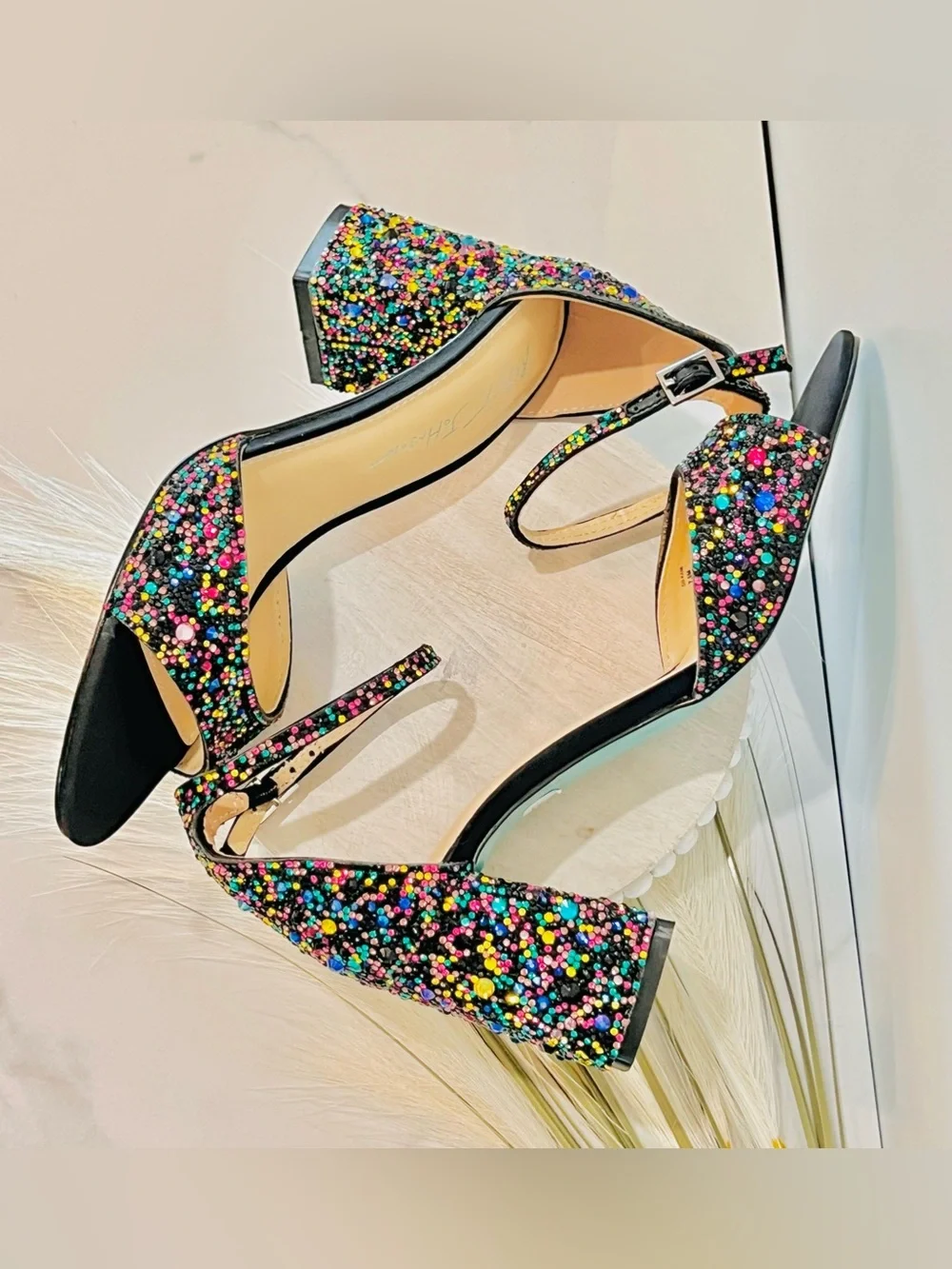 Betsey Johnson Black Multicolor Glitter Block Heel Sandals